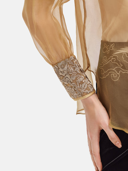 Embroidered Cuffs Sheer Silk Blouse