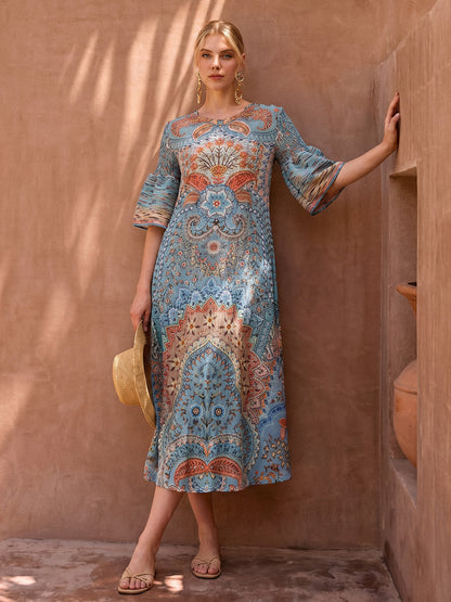 Pleated Beaded Floral Print Dress
