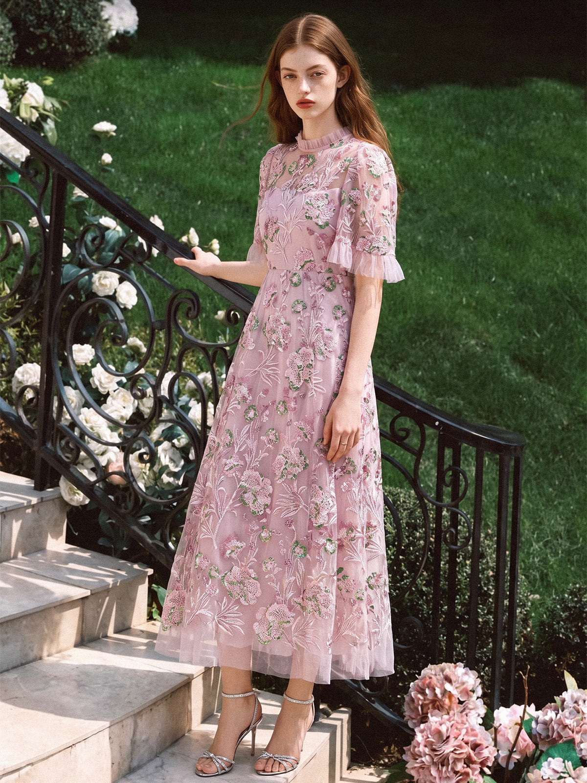 3D Floral Embroidered Sequin Mesh High-Waist Flare Dress