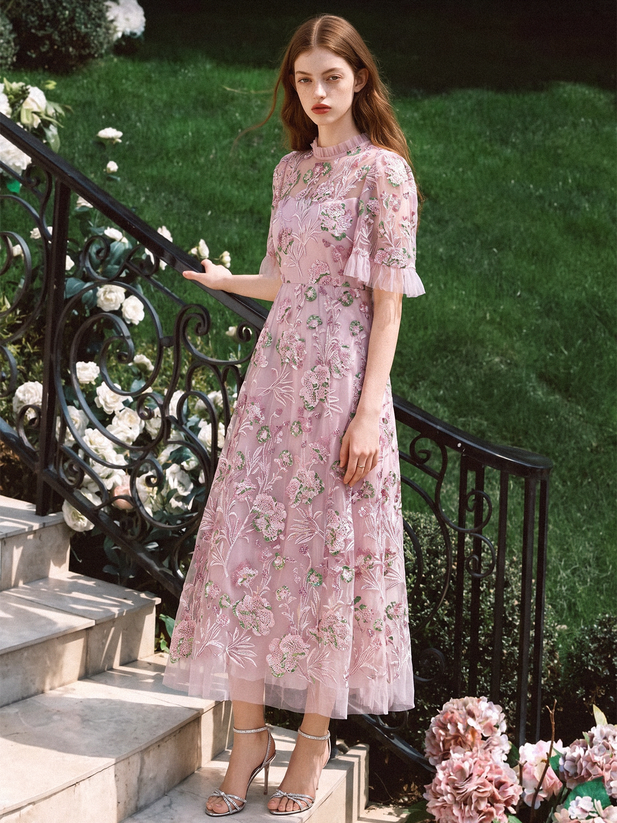 3D Floral Embroidered Sequin Mesh High-Waist Flare Dress