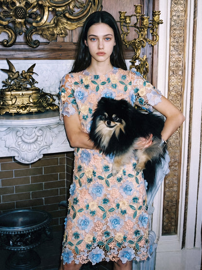 Guipure Lace Floral Leaf-Embellished Dress