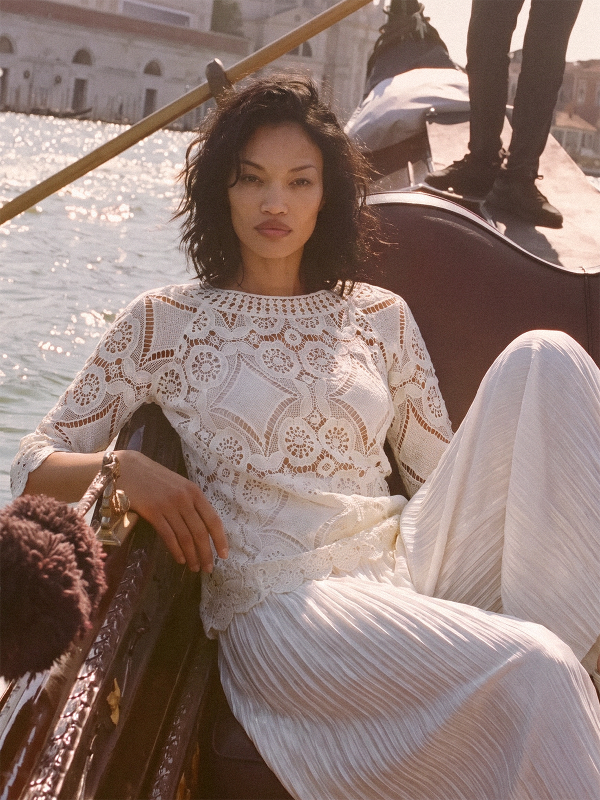 Crochet Lace Cutwork Wave Hem Flared Sleeve Top