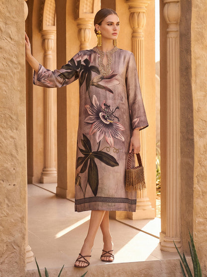 Crystal Embellished Passion Flower Print Dress