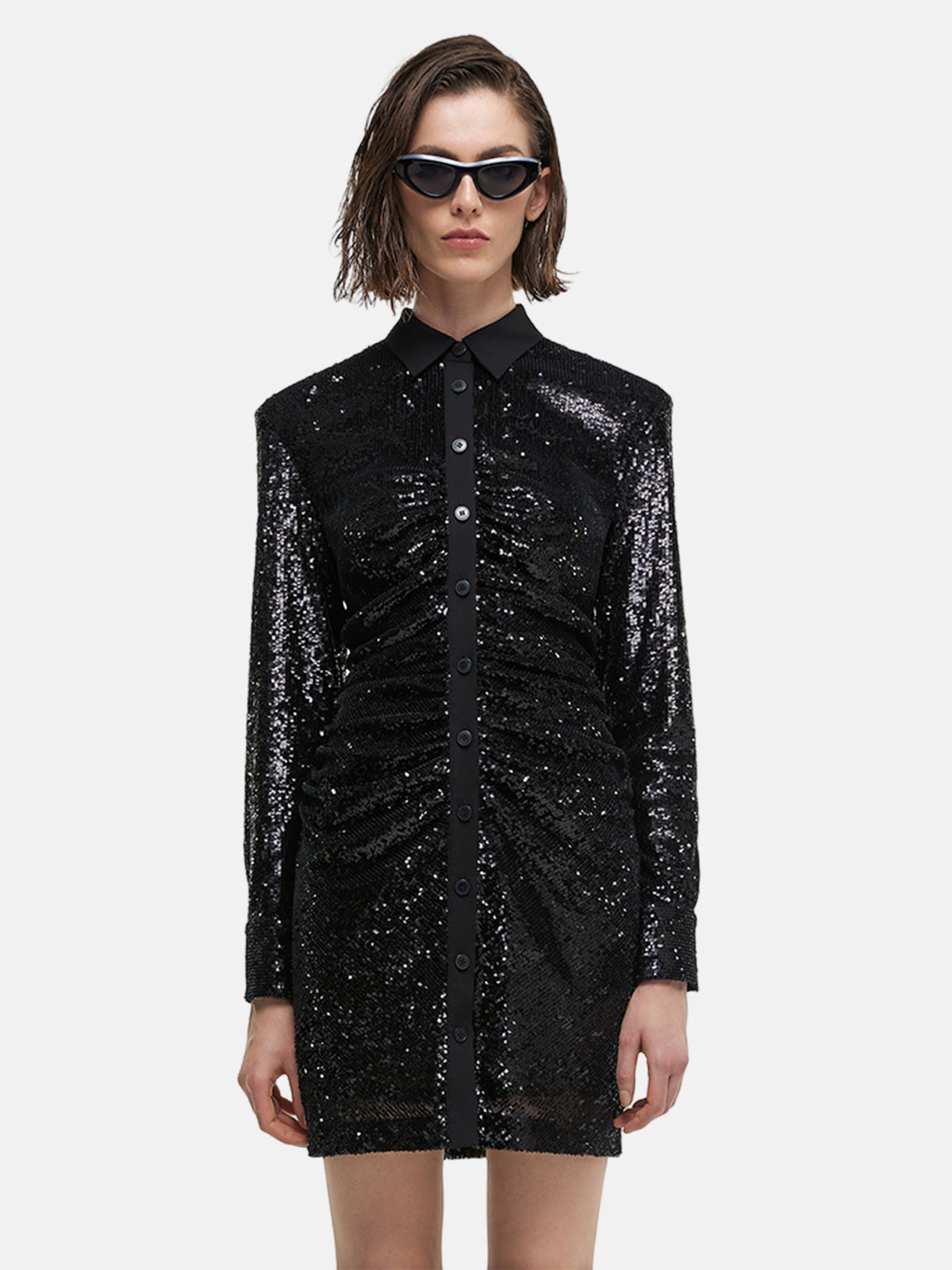 Futuristic Black Sequin Shirt Dress