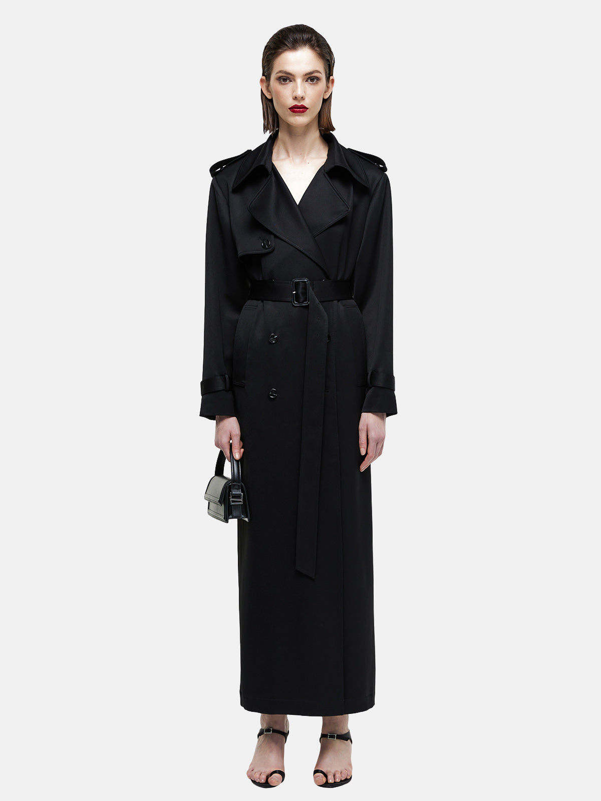 Satin Acetate Maxi Trench Coat in Black