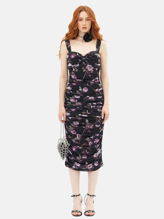 Rose Print Ruched Strap Midi Dress