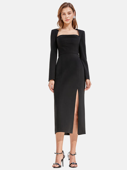 Cowl Collar Side Slit Midi Dress