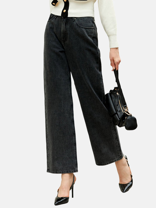 Stone-Washed Wide Leg Cotton Jeans