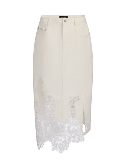 Lace Embroidery Patchwork Denim Midi Skirt