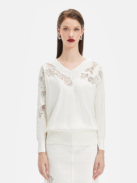 V-neck Lace Embroidered Knit Top