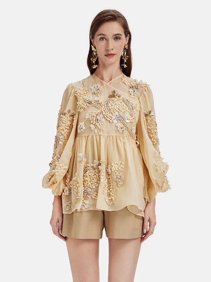 Gorgeous Handmade Embroidered Shell-bead Silk Blouse