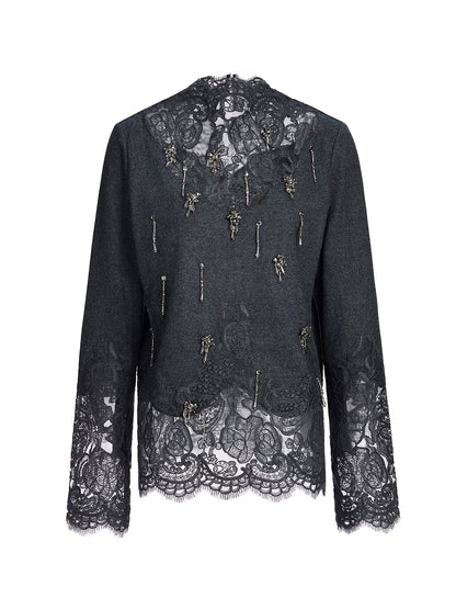 Merino Wool Lace Beaded Knit Top