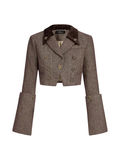 Australian Wool Blend Color-Blocked Short Blazer