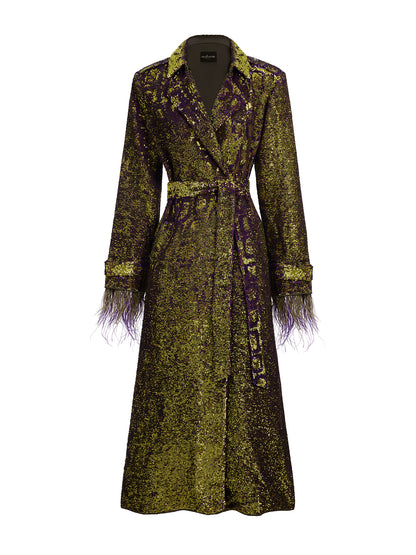 Two-Tone Sequin Ostrich Feather Trench Coat