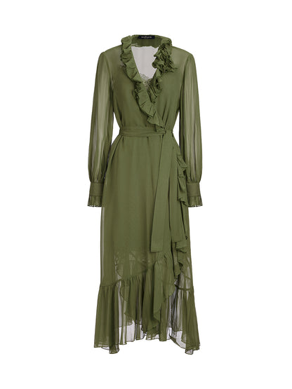 Silk Ruffle Hem Maxi Dress with Lace Cami