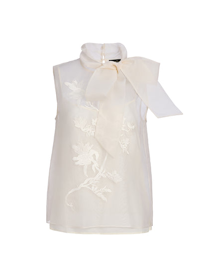 Silk Embroidered Tie-Neck Blouse