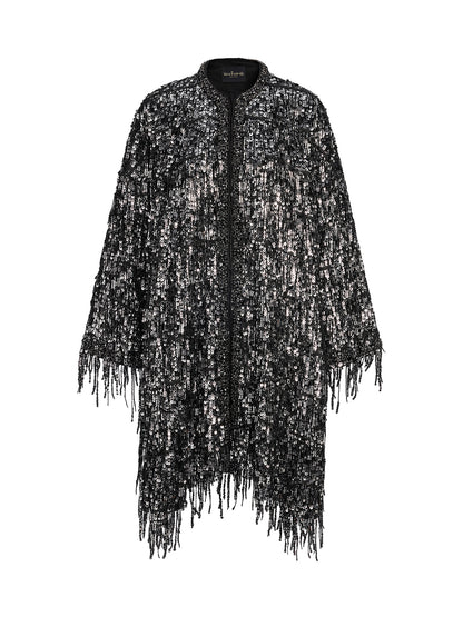 Sequin Beaded Tassel Cape Coat