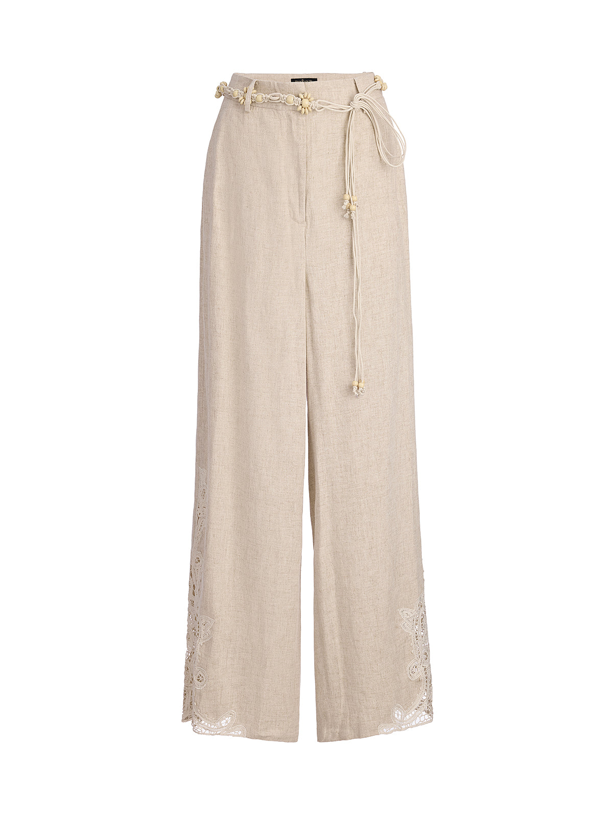 French Ramie Lace-Trimmed Pants with Braided Belt