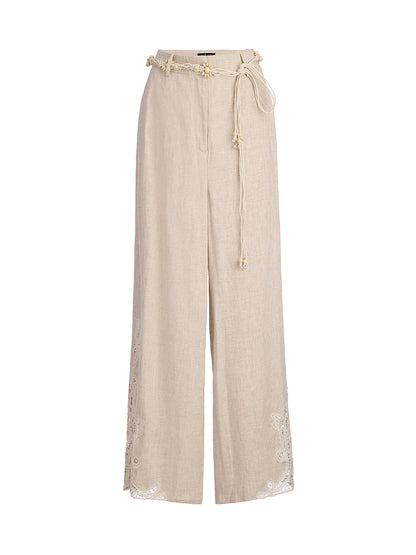 French Ramie Lace-Trimmed Pants with Braided Belt