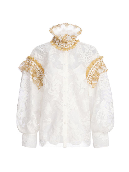 Baroque Lace Embroidered High-Neck Blouse