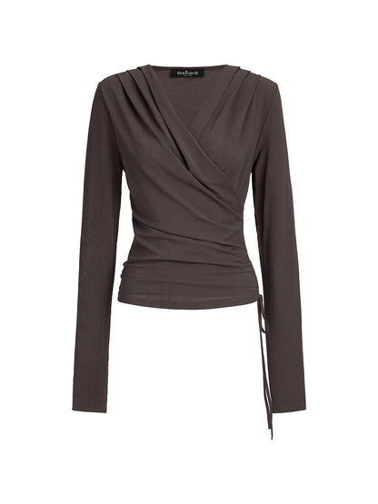 Ruched Wrap V-Neck Knit Top