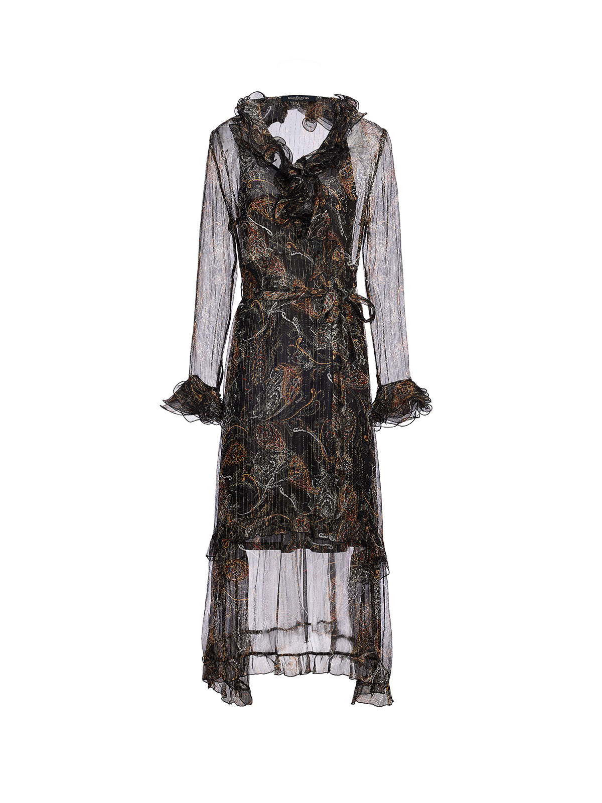 Cashew Flower Ruffle V-Neck Silk Dress