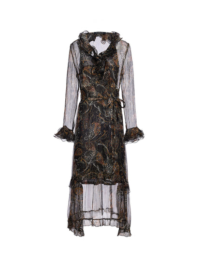 Cashew Flower Ruffle V-Neck Silk Dress