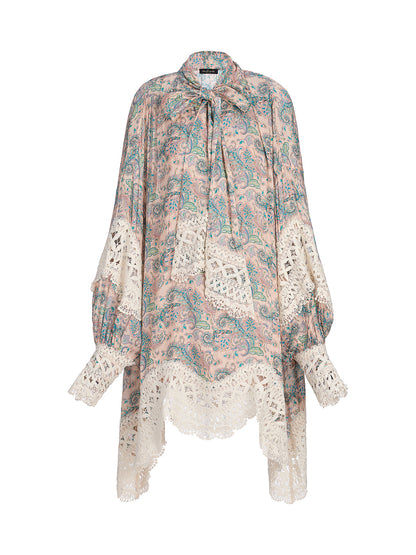 Linen Paisley Print Lace Dress