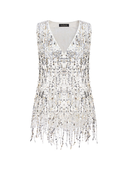 Tassel Sequin Embroidered V-Neck Vest