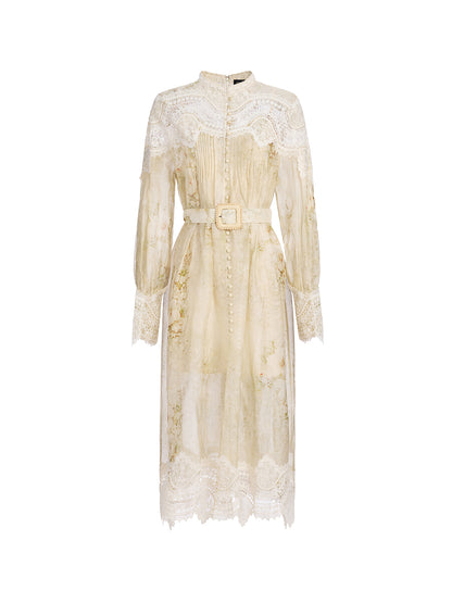 Silk-Linen Floral Lace Dress