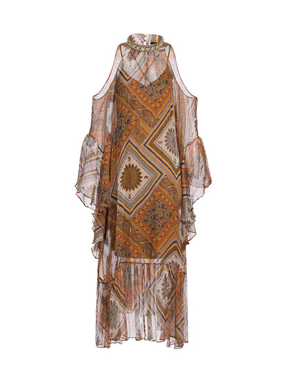 Beaded Silk Bohemian Print Dress