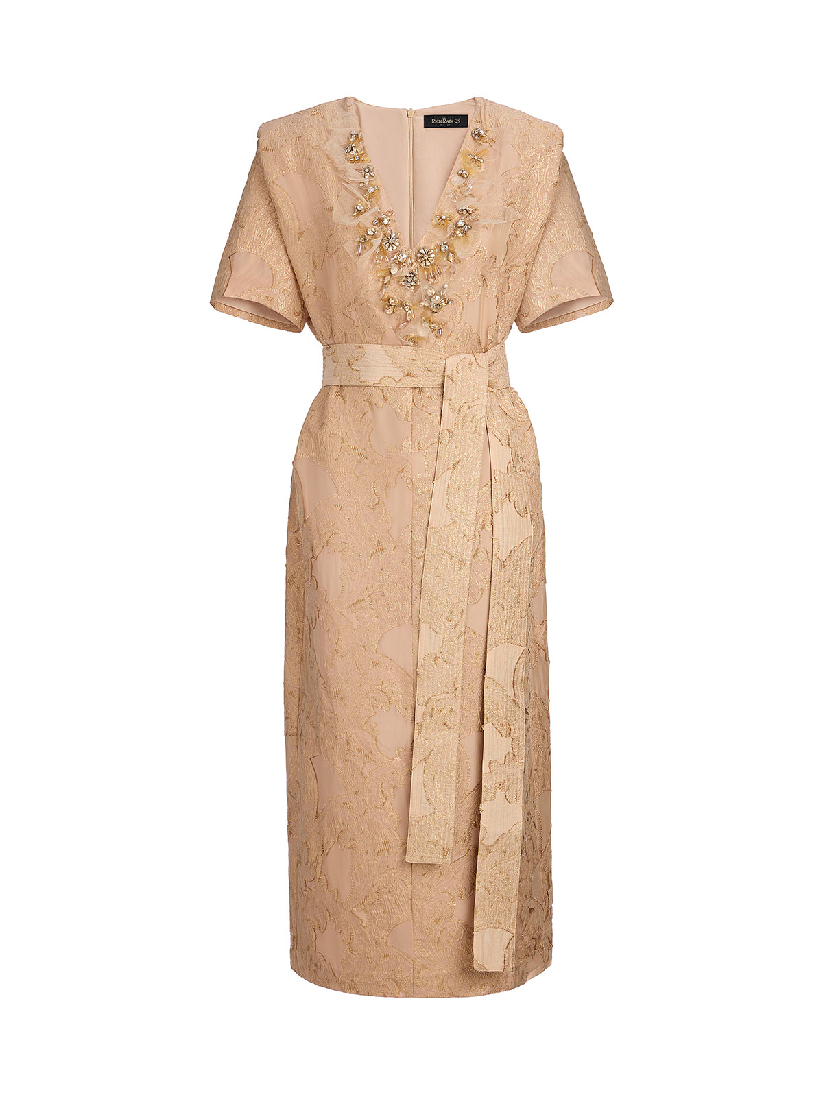 Metallic Jacquard Beaded Padded Shoulders Dress