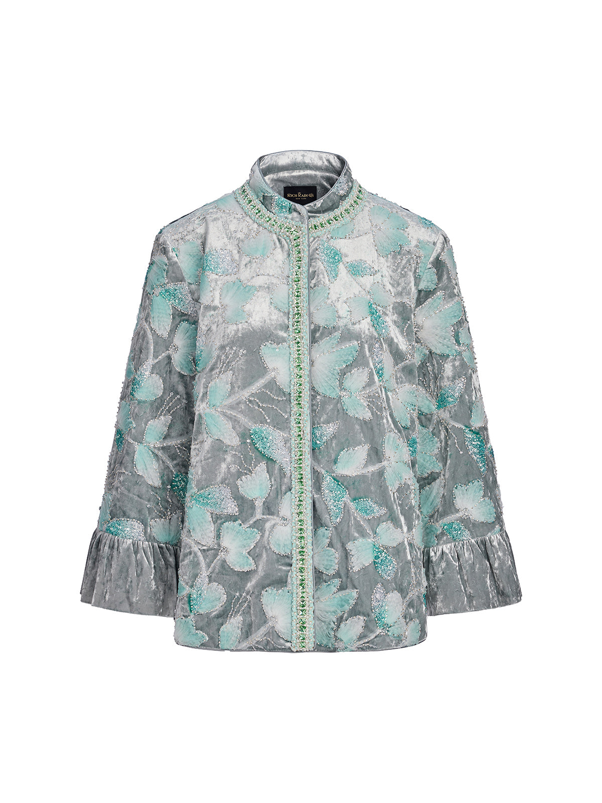 Beaded Floral Embroidered Velvet Stand Collar Jacket
