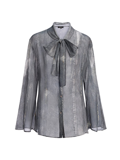Faux Denim Washed Tie Blouse