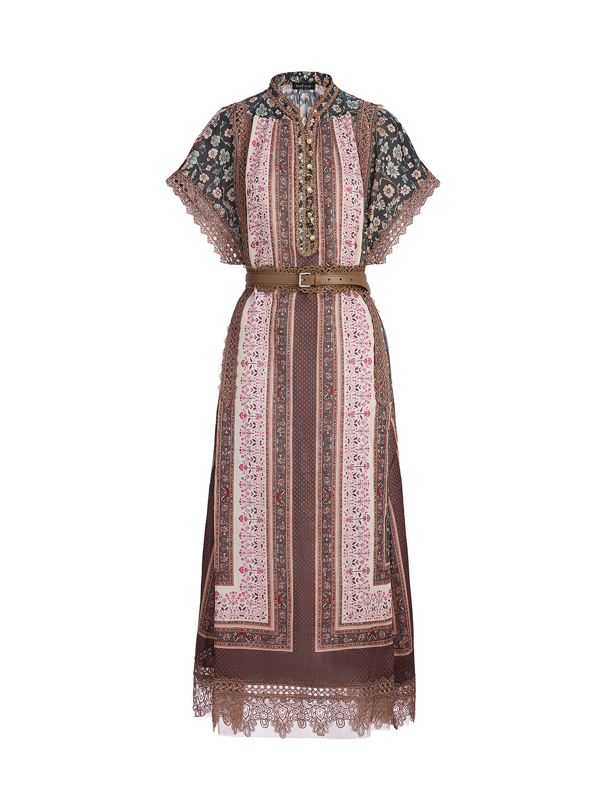 Botanical Print Lace-Trimmed Dress