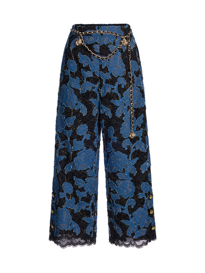 Hand-Sewn Ribbon Jacquard Lace Wide-Leg Pants