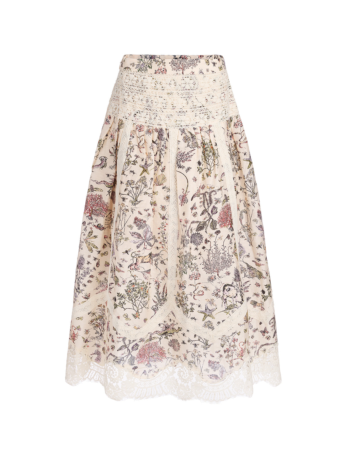 Silk-Linen Botanical Print Lace Skirt