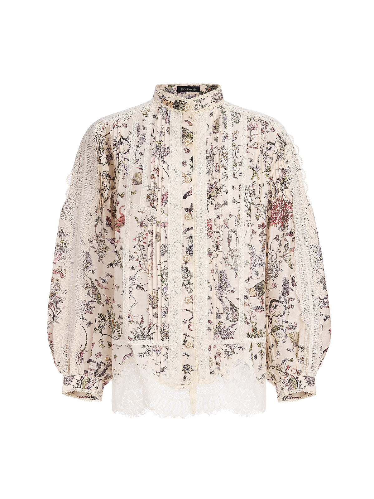 Silk-Linen Floral Lace Stand-Collar Shirt