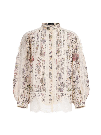 Silk-Linen Floral Lace Stand-Collar Shirt