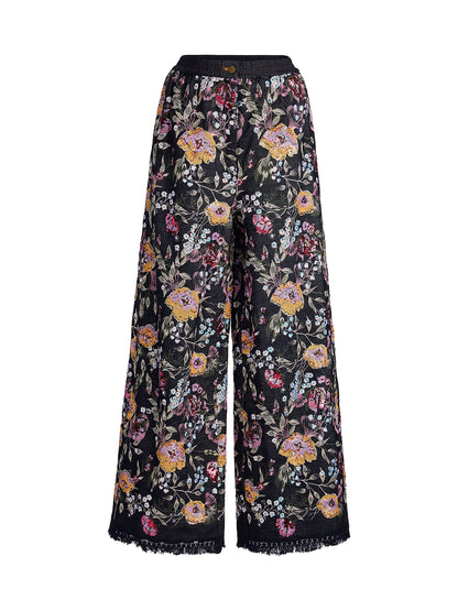 Sequin-Embroidered Denim Raw-Edge Pants