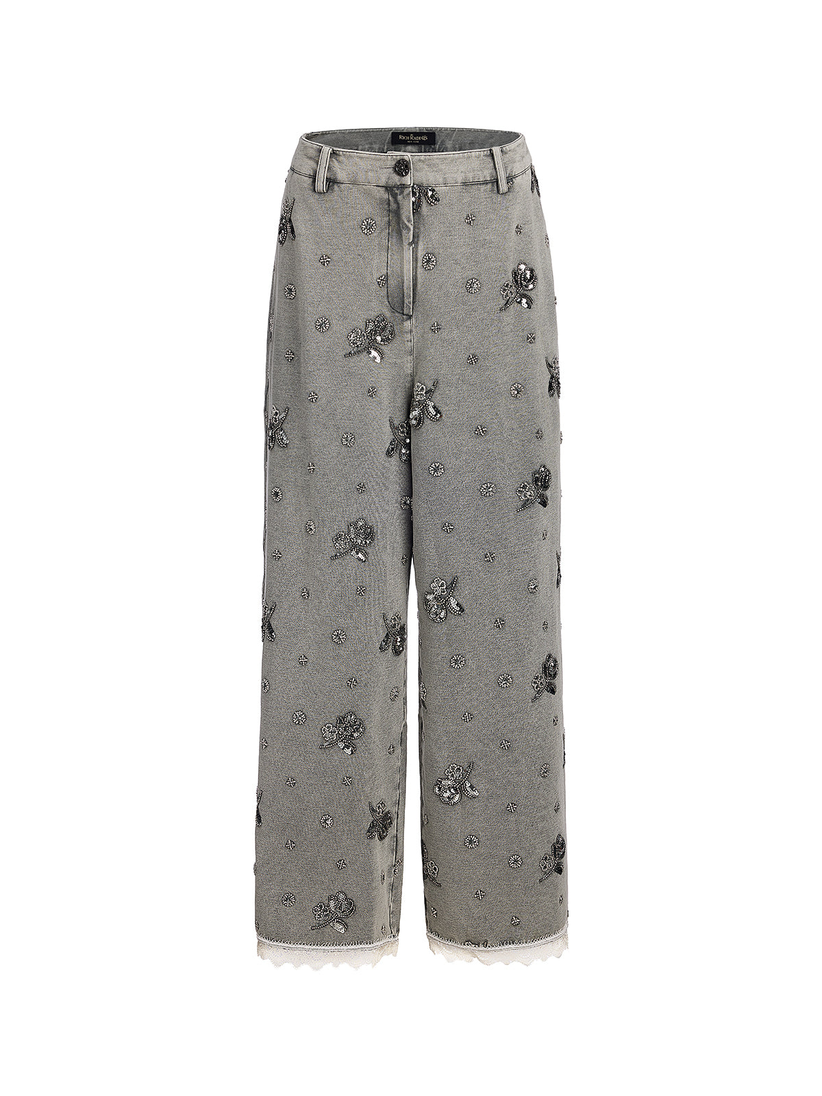 Garment Dyeing Beaded Denim Lace-Trim Pants