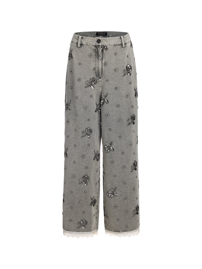 Garment Dyeing Beaded Denim Lace-Trim Pants
