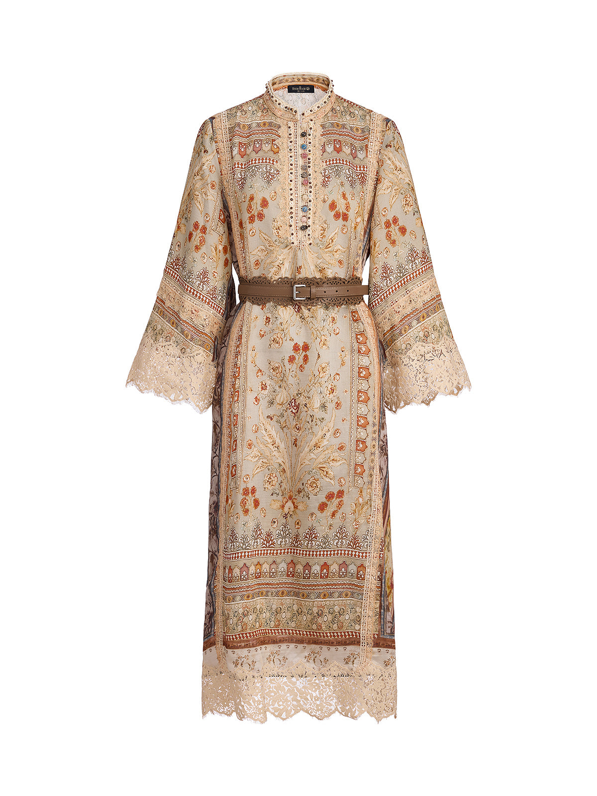 Artistic Botanical Print Lace-Trim Dress (Belt Included)