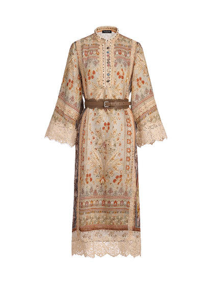 Artistic Botanical Print Lace-Trim Dress (Belt Included)