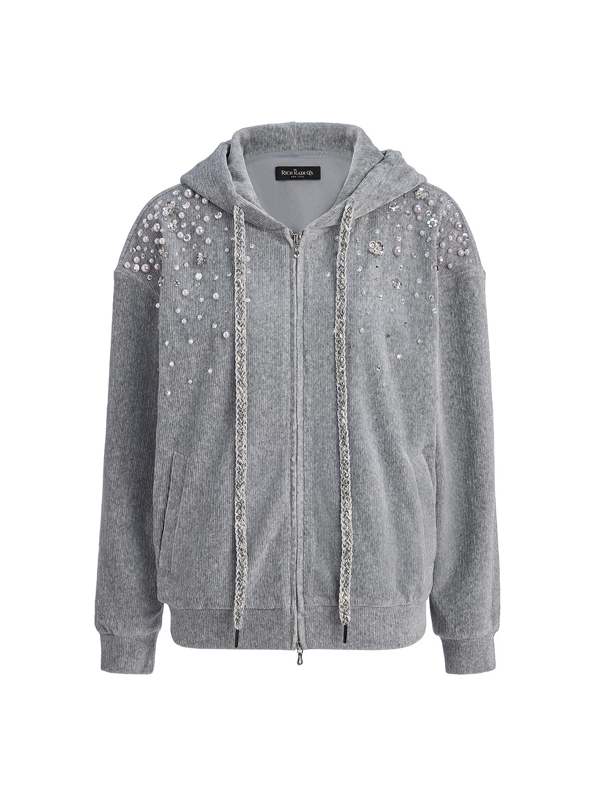 Chenille Ribbed Beaded Hooded Zip Jacket