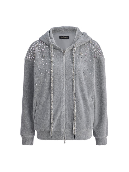 Chenille Ribbed Beaded Hooded Zip Jacket