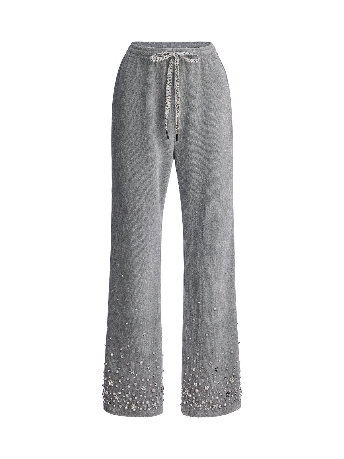 Chenille Ribbed Beaded Straight-Leg Pants