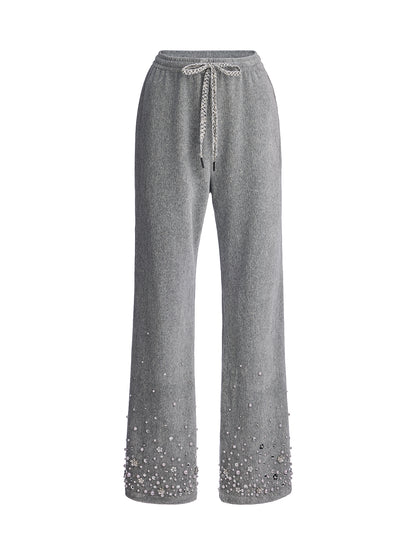 Chenille Ribbed Beaded Straight-Leg Pants