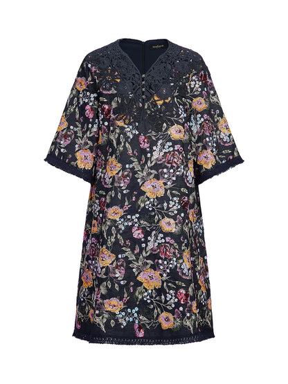Sequin-Embroidered Raw-Edge V-Neck Dress