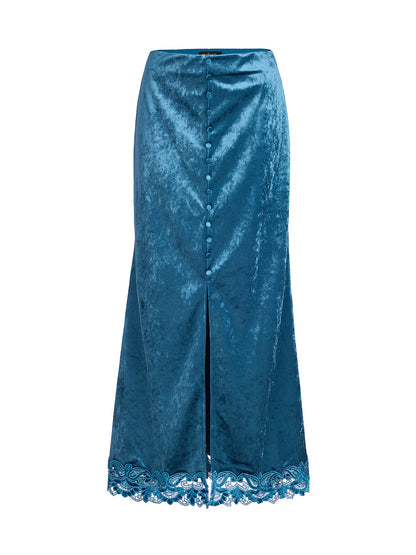 Velvet Lace-Trim Front Slit Fishtail Skirt